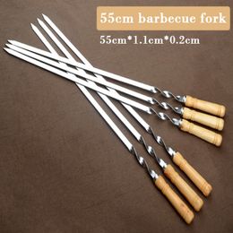 BBQ Tools Accessories 6pcs BBQ Skewers 55cm 21.5" Long Handle Shish Kebab Barbecue Grill Stick Wood BBQ Fork Stainless steel Outdoors Grill Needle 230710