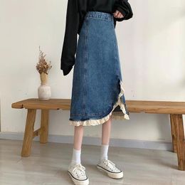 Skirts Irregular Split Denim Midi Skirt Women Clothing Casual High Waist Patchwork Lace Fashion Summer 2023