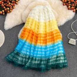 Skirts 2023 Sweet Colorful Gradient Mesh Skirt Women Summer Korean Mid-Length Elastic High Waist Ladies A-line Faldas Mujer