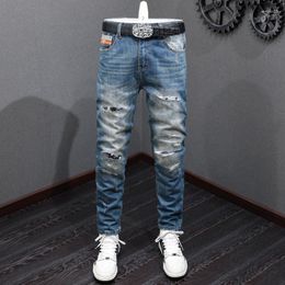 Men's Jeans Street Fashion Men High Quality Retro Blue Vintage Patched Ripped Skull Embroidery Designer Denim Pants Hombre