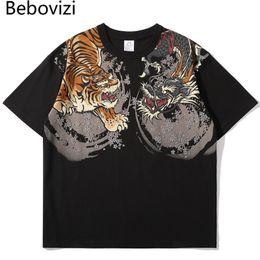 Pants Japanese Style Tiger Dragon Print T Shirt Fashion Vintage Streetwear Hipster Tshirt Men Casual Short Sleeve Tshirt Clothing