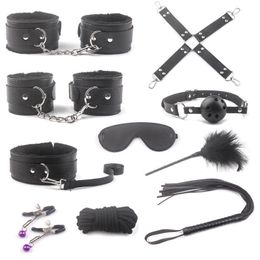 Bondage Sexy Sex Products Erotic Toys for Adults BDSM leather Sex Bondage Set Handcuffs Nipple Clamps Gag Whip Rope Sex Toys For Couples 230710
