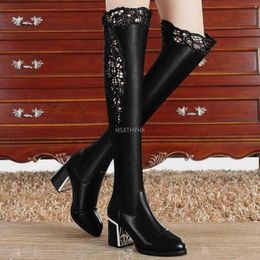 Boots 2021 Women Embroidered Lace Knee Bare Boots Square High Heel Casual Long Tube Booties Lady Sexy Over Knee Thigh High Shoes Lady L230711