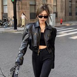 Women's Leather Black Vintage Coat Spring 2023 Short Jacket Top Motorcycle Slim Casual