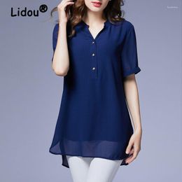 Women's Blouses Clothing Summer Fashion V Neck Simple Elegant Casual Solid Short Sleeve Irregular Shirts Female Loose Tunic Tops