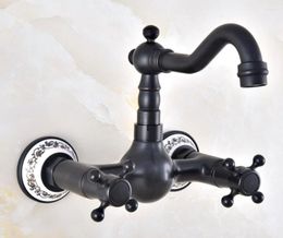 Bathroom Sink Faucets Black Oil Rubbed Brass 360 Swivel Spout Basin Faucet Dual Handle Hole Kitchen Cold Water Mixer Tap Dnf852