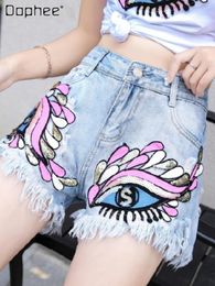 Women's Jeans 2023 Summer Embroidered Sequins Tassel Light Blue Denim Shorts Female College Style Distressed Wide-Leg Women