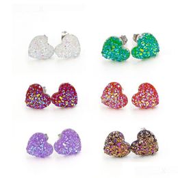 Stud Fashion Heart 12Mm Resin Druzy Drusy Earrings Stainless Steel Handmade For Women Jewellery Drop Delivery Dhgw3