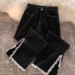 Pants Gdzs Korean Chic Lace Slit Jeans Women Pants Vintage High Waist Oversize Wide Leg Trousers Ladies Ins Allmatch Streetwear Denim