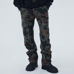 Men's Jeans Vintage Patchwork Rivet Pockets Camouflage Cargo Pants High Street Straight Overalls Loose Casual Unisex Trousers Oversize