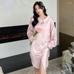 Women's Sleepwear M-XXL Women Sexy Sleepshirts Knee-Length Solid Nightdress Full Sleeve Turn-Down Collar Nightgown Summer Loose Home Clothes