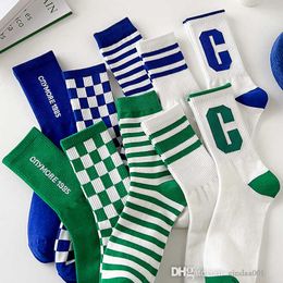 Fashion Blue Socks Men's And Women's Mid Length Spring Summer Cotton Wear Checkerboard Green Sports Socks