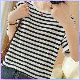 Women's T Shirts Striped Oversized Knitted T-shirt Short Sleeve Tee Cothing Vintage Cotton Tops Summer Top Female V Neck Tshirt