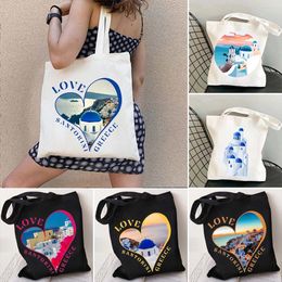 Evening Bags Capital Athens Greece Santorini Oia Island Love Heart Landscape Travel Shopper Harajuku Canvas Tote Bag Cotton Shopping Handbags 230711