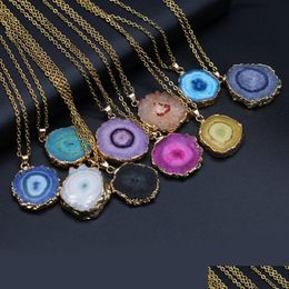 Pendant Necklaces Fashion Natural Slice Druzy Necklace Gold Colour Chain Jewellery For Women Reiki Heal Gifts Drop Delivery Pendants Dhiug