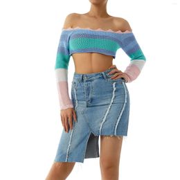 Women's T Shirts Women Knitted Crop Tops Fashion Female Off Shoulder Long Sleeve Contrast Colour Slim Short