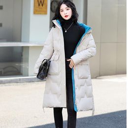 Women's Trench Coats #3232 Black Blue White Hooded Parka Coat Zipper Woman Winter Jacket Slim Pockets Long Female Warm Thick Loose Korean