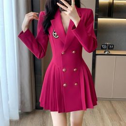 Women's Suits Women Chic Double Breasted Long Blazer Pleated Mini Dress Vintage Coat Fashion Sleeve Ladies Outerwear Stylish Tops