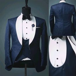 Three Pieces Wedding Tuxedos Shawl Lapel Groom Wear Event Evening Party Suits Jacket Vest and Pants