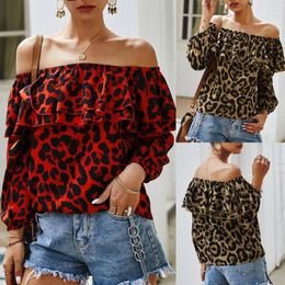 Women's Blouses 2023 Special Women Long Sleeve Elastic Neckline Off Shoulder Leopard Print Ruffled Hem Blouse Shirts