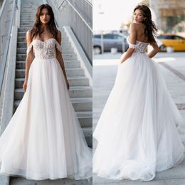 Fashion A Line Wedding Dresses for bride Off Shoulder Appliques Pearls Wedding Dress Tulle designer bridal gowns sweep train