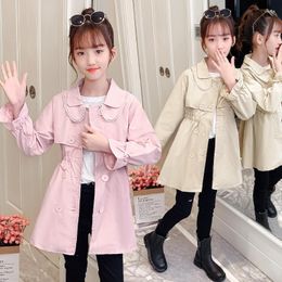 Coat Girls 2023 Spring Autumn Pink Khaki Jacket Mid-Length Double-breasted Trench Korean Style Children Casual Outerwear