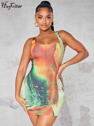 Urban Sexy Dresses Hugcitar Tie Dye Straps Backless Patchwork Sexy Slim Mini Dress 2023 Summer Women Fashion Y2K Goth Clothes Streetwear Party L230711