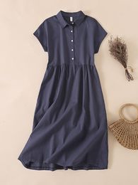 Dresses Vintage Turn Down Collar Shirt Dresses Women Summer Single Breasted Party Dresses Cotton Blend Office Lady Work Dress Robe Femme