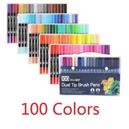 Painting Pens 124872100 Colours Fine Liner Drawing Painting Watercolour Markers Pen Art Dual Tip Brush Pen School Supplies Stationery 04350 230710