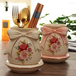 Storage Bottles Ceramic Kitchen Rack Bottle Porcelain Chopstick Spoons Knives & Fork Holder With Drain Hole RoseWeddingGiftBlue/Pink