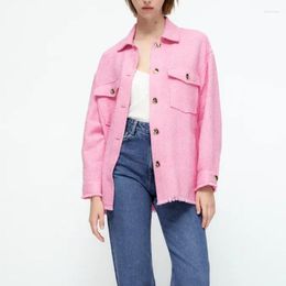 Women's Blouses Pink Shirt Jackets Turn Down Collar Coat Pockets Long Sleeve Tops Elegant Chic Streetwear Fashion Woman