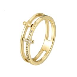 Wedding Rings Beautiful Double Cross Inlaid Zircon Fashion Ring For Women Steel Gold Colour Jewellery Love Gift 230710
