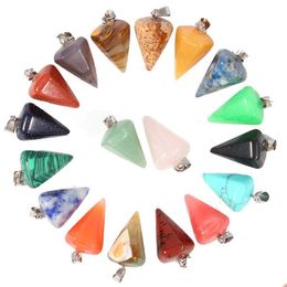 Charms Natural Stone Hexagonal Pyramid Rose Quartz Tigers Eye Opal Pendants Crystal Clear Chakras Gem Fit Earrings Necklace Making D Dhuag