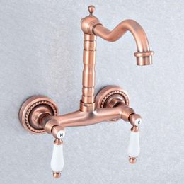 Bathroom Sink Faucets Basin Antique Red Copper Swivel Spout Faucet Double Handle Mixer Tap Wall Mounted Nsf887