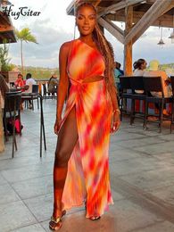 Urban Sexy Dresses Hugcitar One Shoulder Tie Dye Hollow Out Draped Slit Sexy Bodycon Maxi Dress Summer Women Fashion Streetwear Party Club Outfit L230711