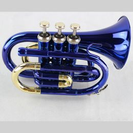 High quality Bb B flat pocket trumpet, palm trumpet instrument with hard case, mouthpiece, cloth and gloves, blue