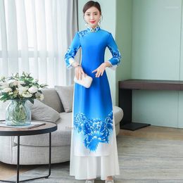 Ethnic Clothing 2023 Woman Vintage Vietnam Aodai Traditional Flower Print Ao Dai Dress Oriental Improved Cheongsam Evening Vestido