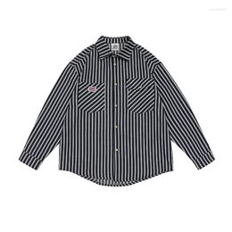 Men's Casual Shirts 2023 Autumn Cityboy American Vintage Denim Stripe Label Men Streetwear Fashion Loose Cargo