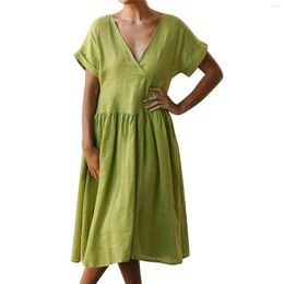 Casual Dresses Green Summer Cotton Linen For Women Solid Short Sleeve V-neck Loose Beach Dress Large Size Oversized Boho Women's