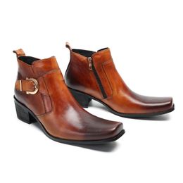 Autumn Winter Vintage Square Toe Genuine Leather Man Dress Shoes Buckle Cowboy Short Boots Men Formal Business Ankle Boots