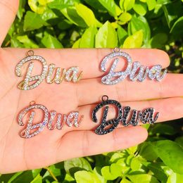 Pendant Necklaces 5pcs DIVA Word Charms for Girl Jewelry Making Bling Crystal Stone Paved Letter Pendant for Women Bracelet Necklace Bangle Design 230710