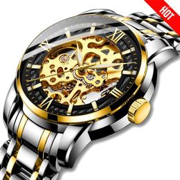 Wristwatches Gold Skeleton Mechanical Men Watch Male Luxury Business Stainless Steel Band Automatic Wacht Teen Clocks Waterproof Gent Gifts