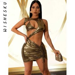 Urban Sexy Dresses Metallic Asymmetric Cut Out Mini Dress Sexy Clubwear Bodycon Backless Lace Up Night Club Outfits for Women 2023 Summer Clothes L230711