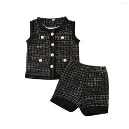 Clothing Sets Autumn Winter Kids Baby Girls Plaid Clothes Sleeveless Waistcoat Tassels Shorts 2Pcs Set England Style Cotton Outfits 1-7Y