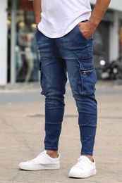 Men's Jeans Four-season Overalls Zipper Pocket Splicing Mid Waist Lace-up Slim Fit Trousers Teenage Versatile Basic Denim Pants