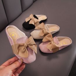 Slipper Girls Sandals Summer Kids Fashion Princess Korean Style Non-slip Solid Beige with Bow Cute Slippers Drop Low Heels 230710