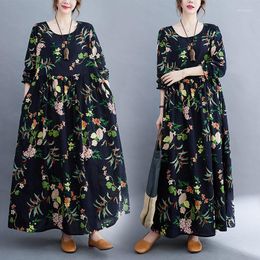 Casual Dresses 2023 Autumn Retro Round Neck Long-Sleeved Dress Loose Printed Large Size Women Baggy Clothing Z339