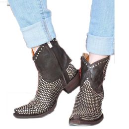 Boots BONJOMARISA Brand Vintage Cool Cowboy Western Boots Woman Slip On Metal Rivet Chunky Heel Punk Walking Work Ridding Boots Ladies L230712