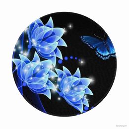 Mouse Pads Wrist Blue Butterfly Round Mouse Pad in Non-Slip Base Desk Mat for Office Home R230711