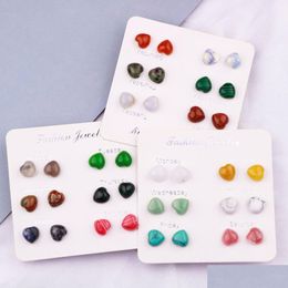 Stud Natural Stone Mini Heart Earrings Pink Crystal Quartz Tiger Eye Opal Stainless Steel Earring Jewlry For Women Drop Delivery Jewe Dhvs5